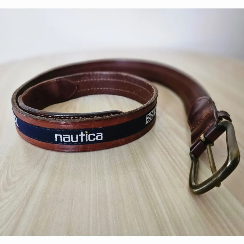 Nautica Men's Leather Belt With Logo Ribbon Made in Turkey Size 38.